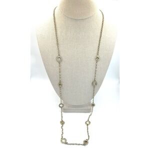 Ann Taylor Signed Gold Tone Station Necklace Crystal Accents Round Pendant 32"